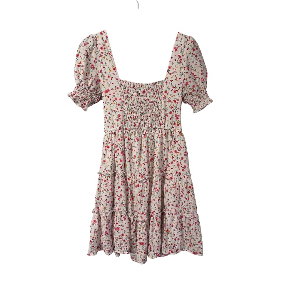 MINE Floral Smocked Square Neck Puff Sleeve Tiered Mini Dress Milkmaid Size S‎ - Picture 2 of 4